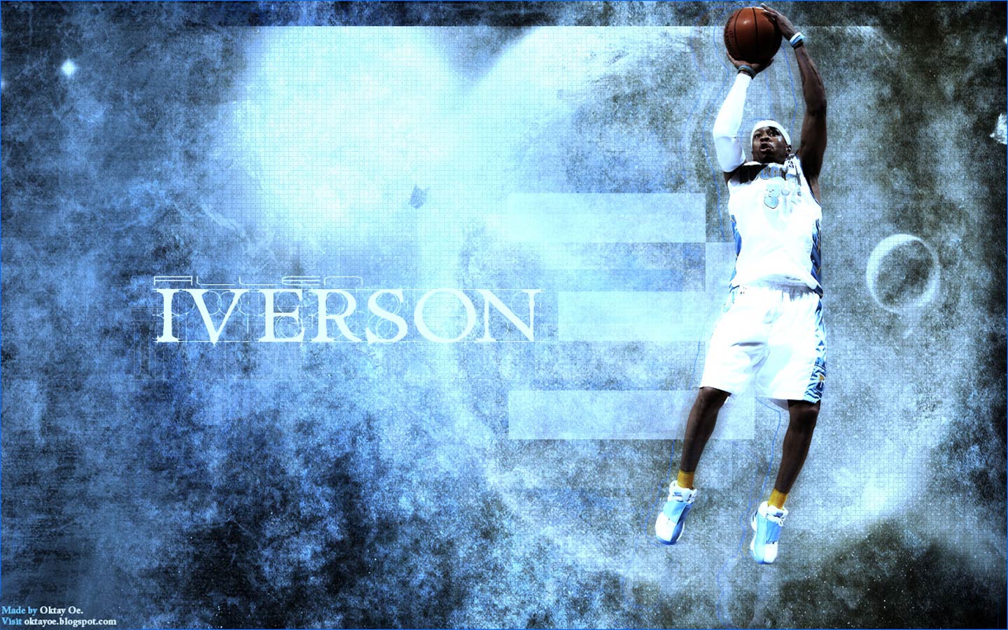  cool wallpaper AI is in white Nuggets jersey with light blue background 