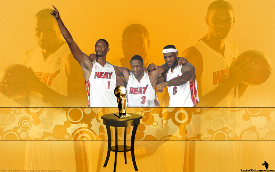 Miami Heat Big 3 With NBA Trophy Widescreen Wallpaper